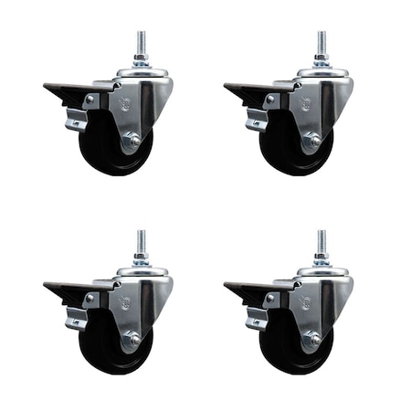 Service Caster 3 Inch Soft Rubber 12 MM Threaded Stem Caster Set with Brake SCC-TS20S314-SRS-PLB-M1215-4